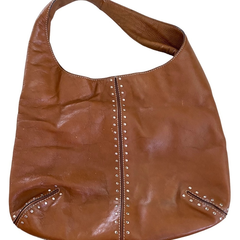Michael Kors Brown Leather Astor Studded Shoulder Hobo Bag